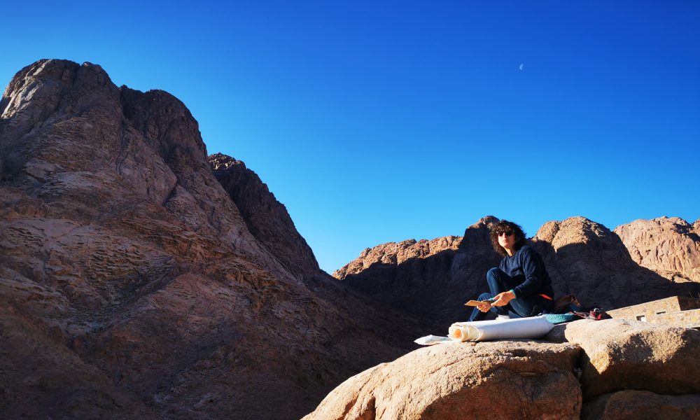 Usabelle Arvers Painting on the top of Fox bedouin camp, Sainte Catherine, behind the mount Sinai